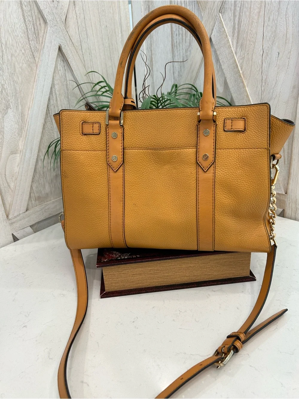 Michael Kors Tan Pebbled Leather Satchel with Chain Strap